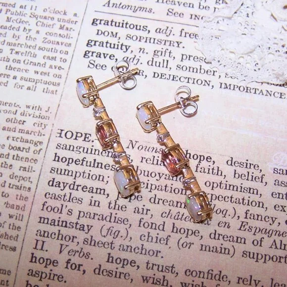 14K Gold Opal Diamond and Pink Tourmaline Dangle Drop Earrings - Posts with Nuts - Picture 9 of 11